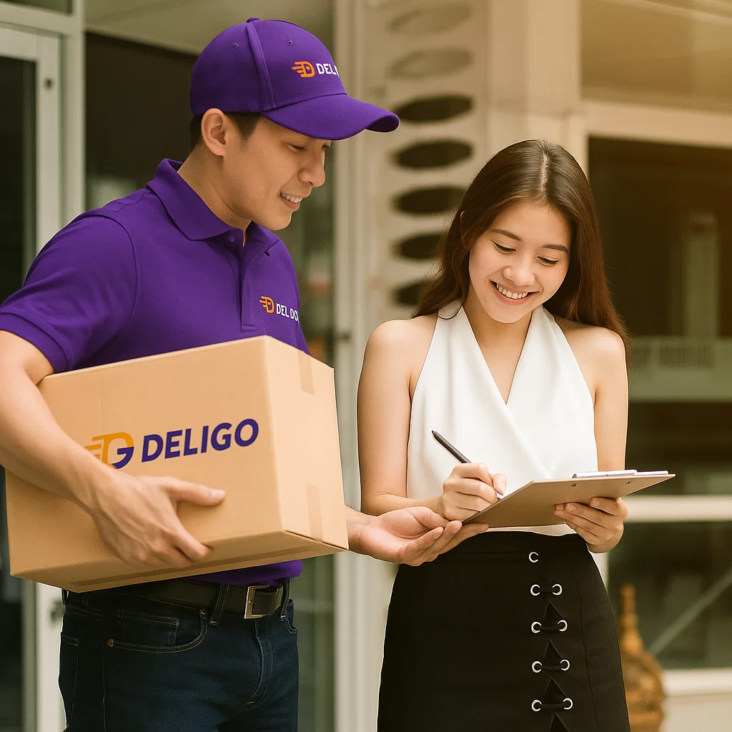 Đối tác giao hàng Deligo – tài xế giao hàng và khách hàng ký nhận